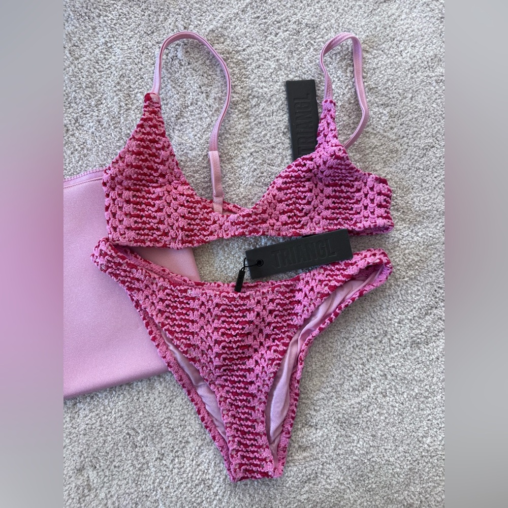 triangl swimwear Pink Crochet Texture Bikini Set